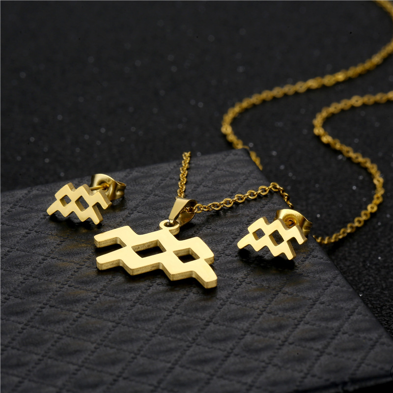 twelve constellation Aquarius pendant stainless steel necklace earrings set