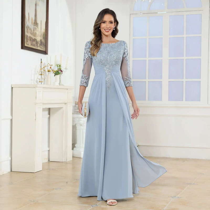 New Foreign Trade Lace Evening Dress for Women, Beaded Three-Quarter Sleeves, Flowing Long Gown, European and American Style, Suitable for Weddings, Banquets, and Hosts