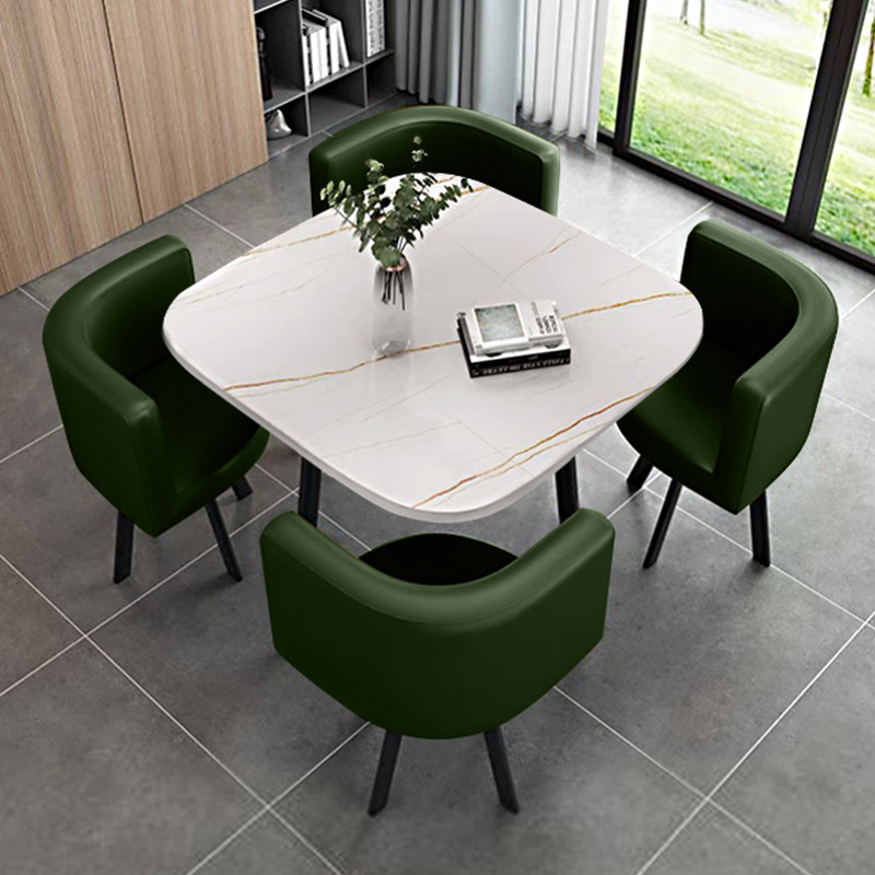 Army green 80cm square table + 4 leather chairs