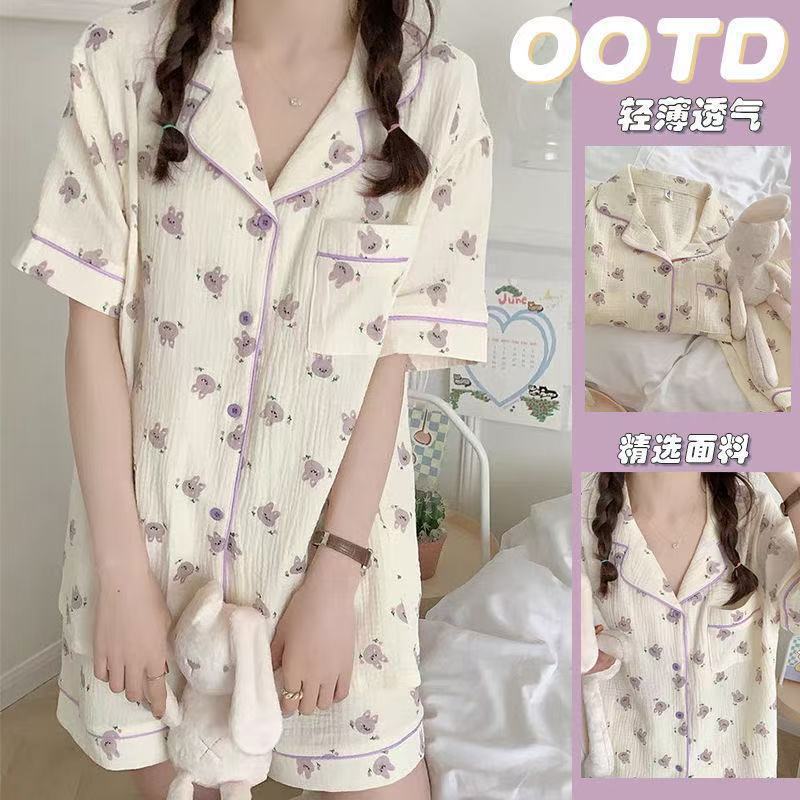 Niña linda solapa pijama de gasa mujer verano oso algodón y lino pantalones cortos de manga corta camisón traje de servicio a domicilio simple image 9