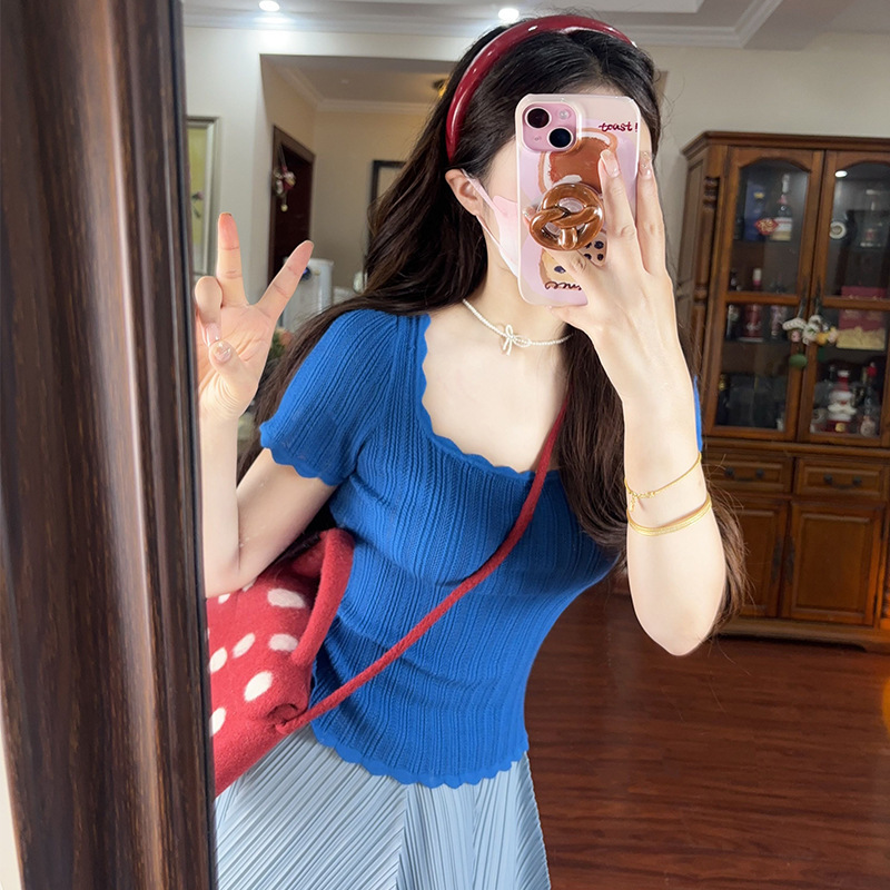 Summer Fashion All-match Fashion Salt Light Mature Square Collar Pit Strip Top Knitted 2025 Korean Style Blue Western Style Summer Dress Summer Fashion All-match Fashion Salt Light Mature Square Collar Pit Strip Top Knitted 2025 Korean Style Blue Western Style Summer Dress