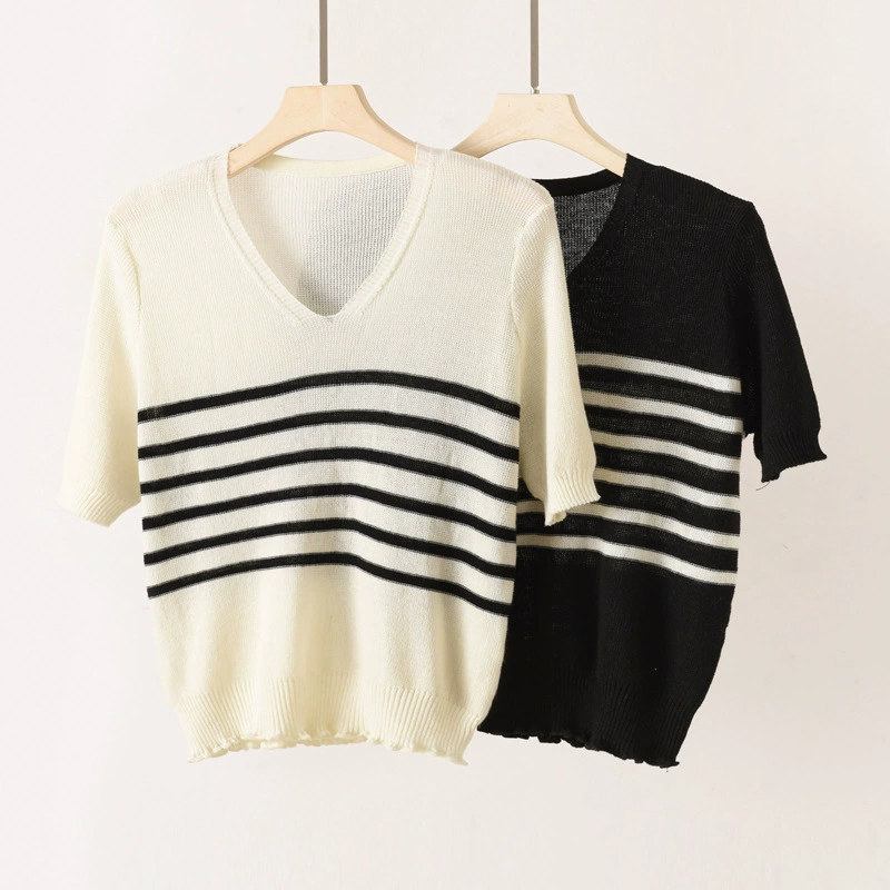 Весенне-летний новый утягивающий полосатый дышащий тонкий вязаный женский пуловер с короткими рукавами и v-образным вырезом, топ в корейском стиле