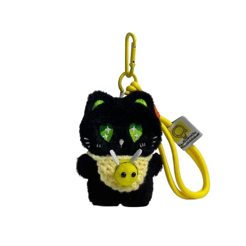 Super lindo gato negro lindo muñeca de peluche tejido bolso de mano pequeña abeja bolso de cuerda de mano colgante llavero colgante