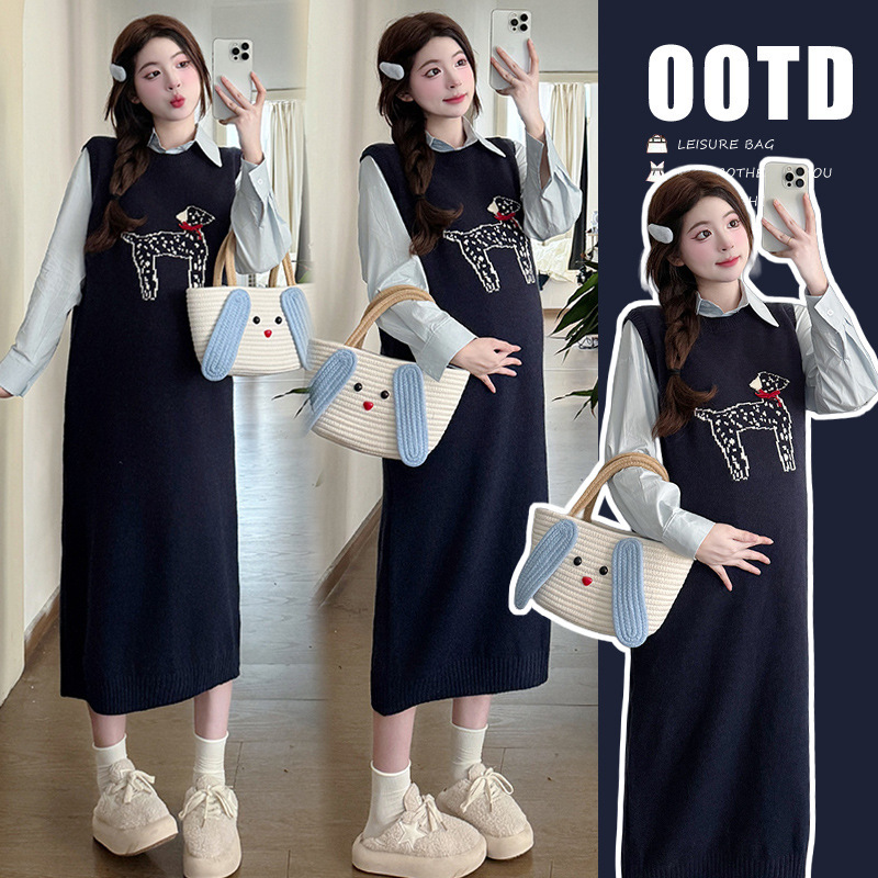 Maternity Wear Autumn New Korean Style Shirt Suit Fashionable Cartoon Vest Jacket Autumn Shirt Dress Suit