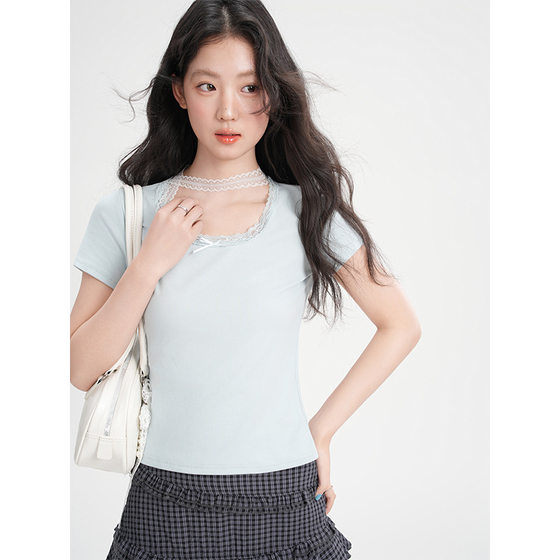 Jiyou Ballet Style U-neck Bow Bm Short-sleeved T-shirt Women's Spring and Summer Lace Spice Girls Base Shirt Slim-fit Top