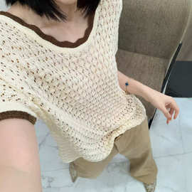 小众设计感天丝亚麻拼色圆领花边镂空针织衫女薄款宽松显瘦上衣潮