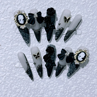 Handmade wear nail sweet cool dark baroque beauty head Camellia long pointed nail manicure patch