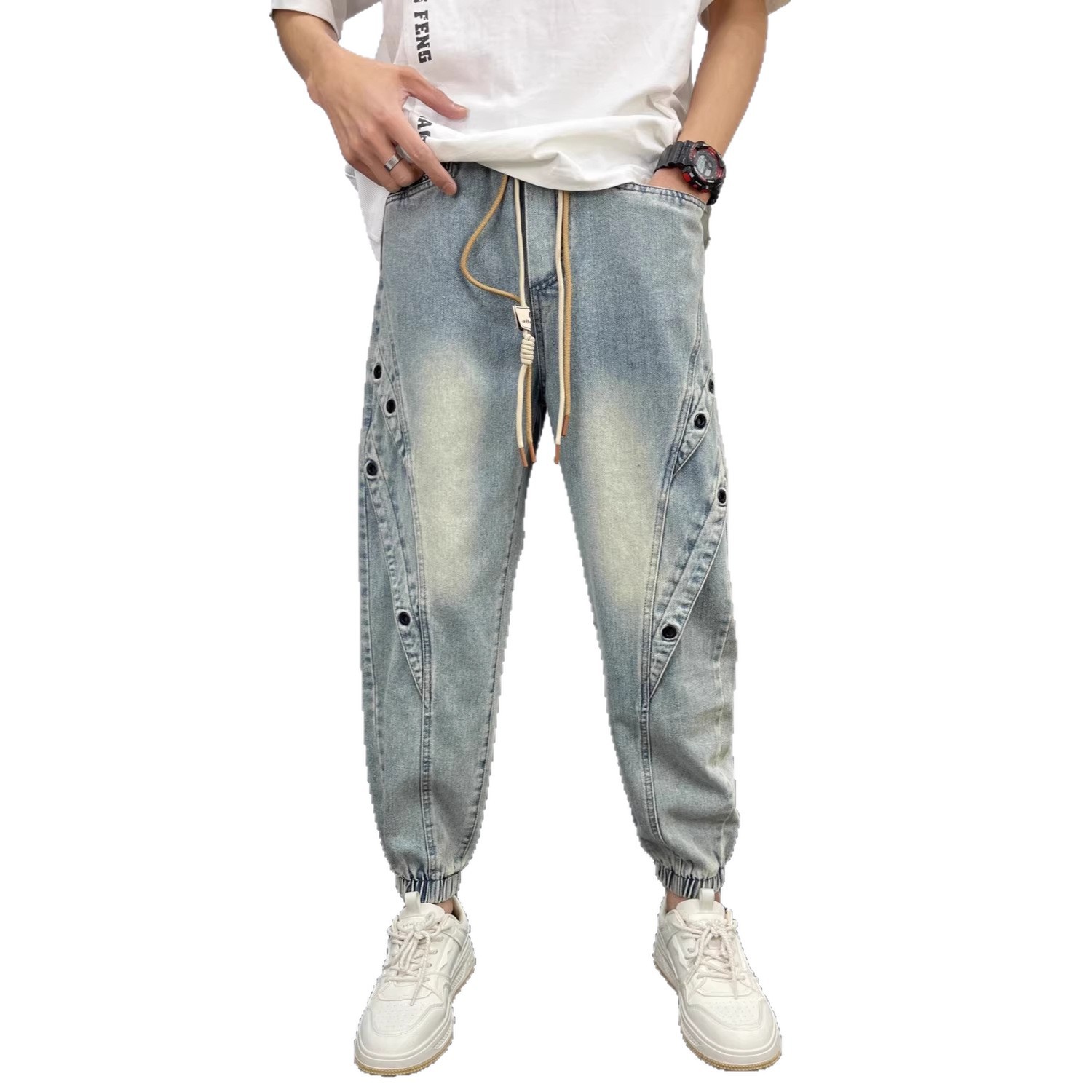 Men's Light Blue Distressed Denim Jeans - Trendy Patchwork Slim Fit Jogger Pants With Adjustable Cuffs, Loose Hip Hop Style_voghion.com