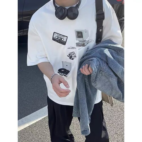Men's Summer New White Short Sleeve T-Shirt, Streetwear Fashion Loose Fit Versatile Simple Stylish Five-Button Sleeve Clothing