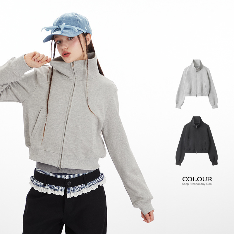 Heyhenry American Sexy Stand Collar Sweatshirt Jacket Women's 2025 Autumn and Winter Ins Slim Right Shoulder Short Jacket