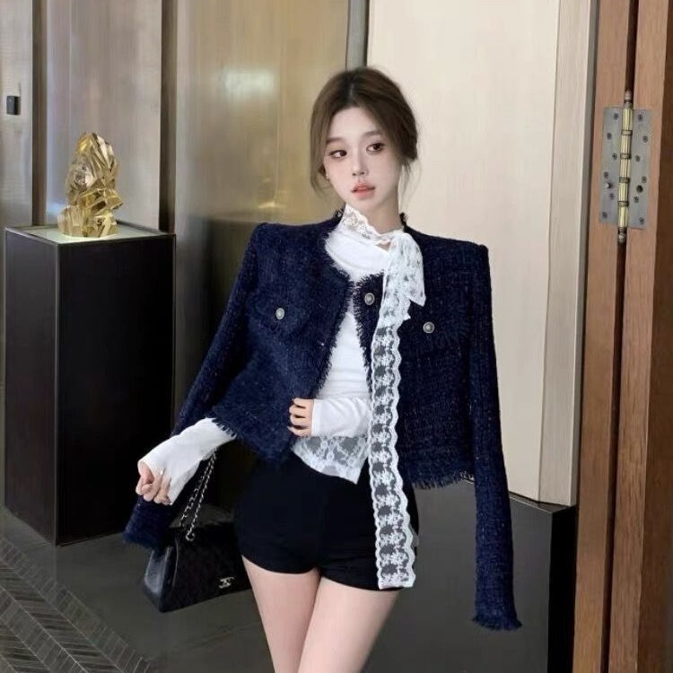 三件套女2025早秋季新款富家千金小香风蓝色外套T恤上衣黑色短裤|undefined