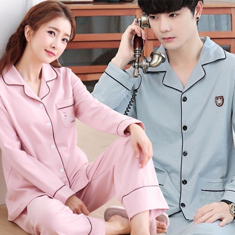 Nuevo primavera y otoño pareja pijama mujeres otoño algodón cardigan hombre solapa manga larga pantalones largos set de ropa de casa casa