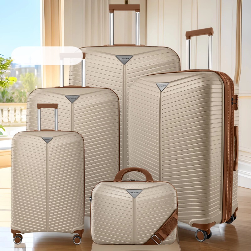 Huayang Luggage Pp Suitcase Five-Piece Soft Shell Export Export Set Cosmetic Bag Universal Wheel Beige Suitcase