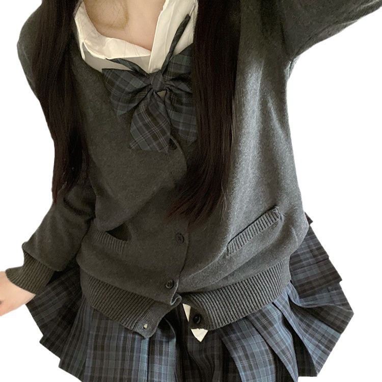 (2개) 원래 JK 유니폼 가을과 겨울 세트 스웨터 카디건 코트 체크 무늬 스커트 셔츠 여성을위한 긴 소매 다용도 학교