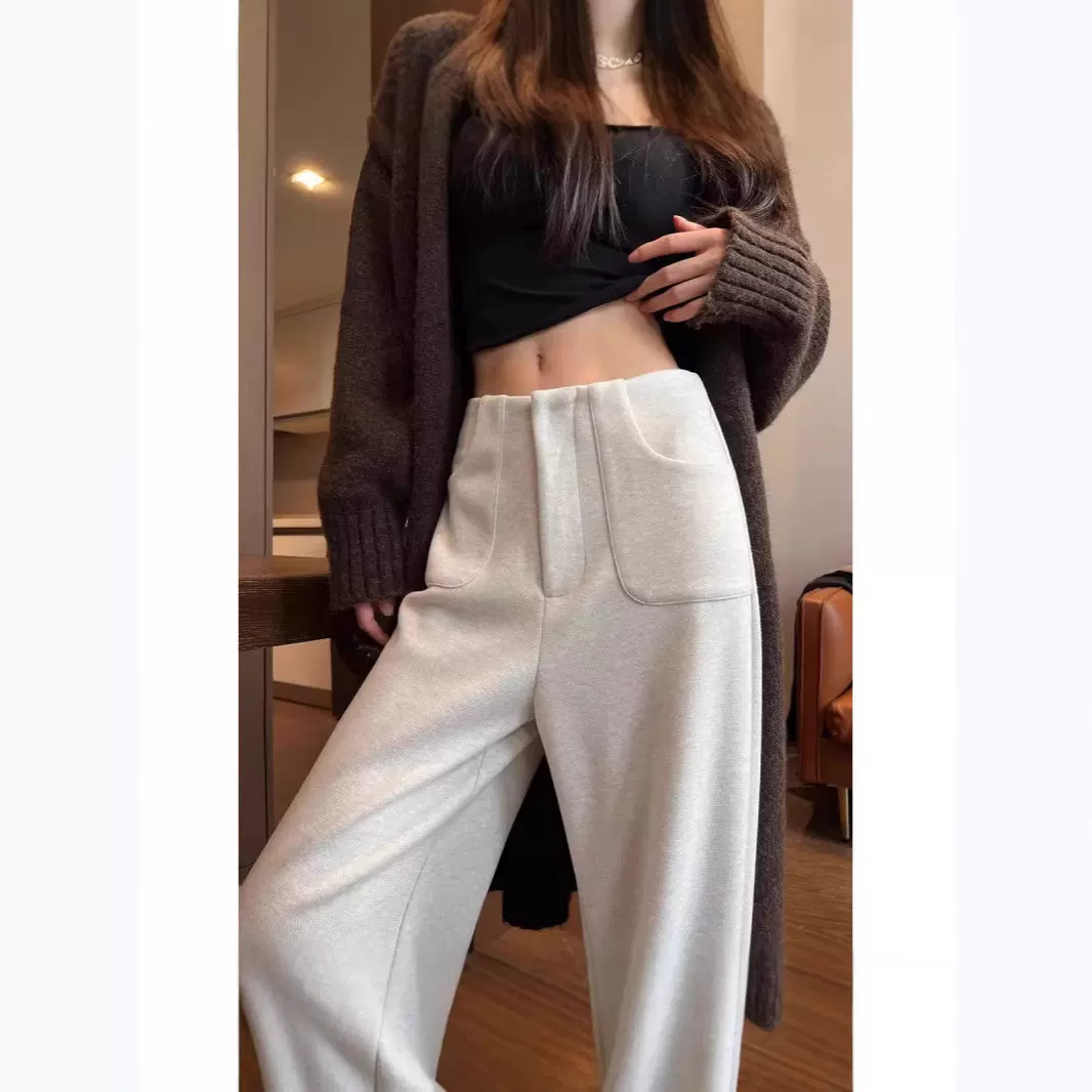 白色窄版阔腿裤女加绒高腰垂感高级毛呢西装裤休闲直筒裤秋冬季