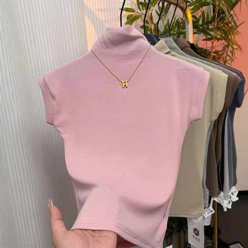 솔리드 컬러 반 하이 칼라 플라잉 슬리브 탑 티셔츠 여성용 틈새 디자인 유행 연령 감소 올 매치 슬리밍 내베이스 셔츠