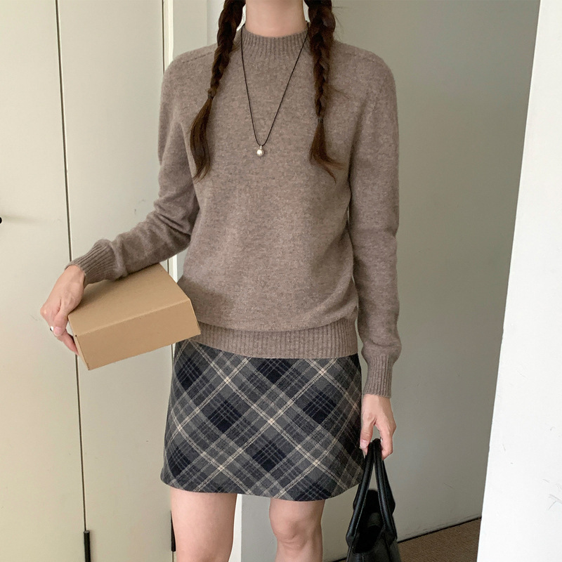 无缝一体马鞍肩半高领针织毛衣日常通勤风女士100纯羊毛套头打底|undefined