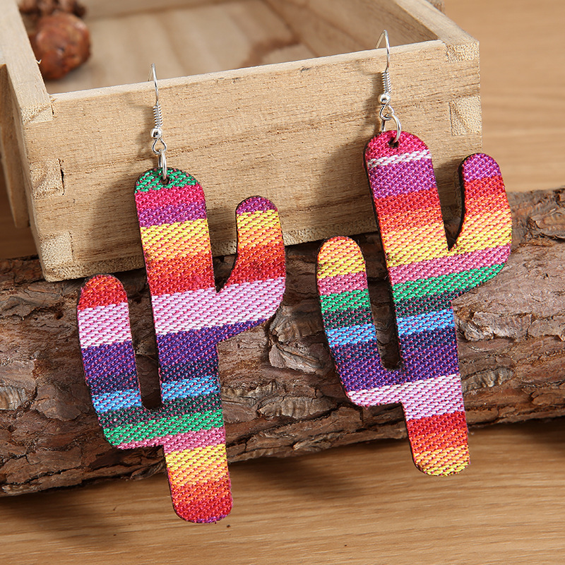 Colorful Printed Big Cactus Shaped Rainbow Pu Leather Earrings display picture 2