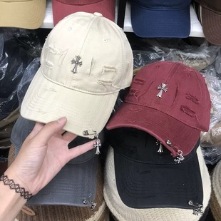 Internet Red Fashion Vintage Rhinestone Cross Rhinestone Baseball Cap Women's Breathable All-match Slimming Wear-out Cap