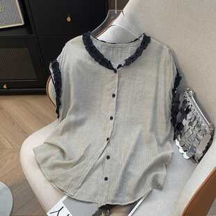Real Shot of Retro Literary Style Vertical Striped Cotton and Linen Shirt for Women in Summer with Ear-Shaped Splicing Round Neck Loose Top for Women