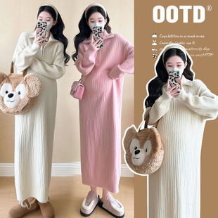 Pregnant Women Autumn and Winter New High-grade Twist Zipper Age-reducing Knitted dress Pregnancy Loose Slimming Base Sweater
