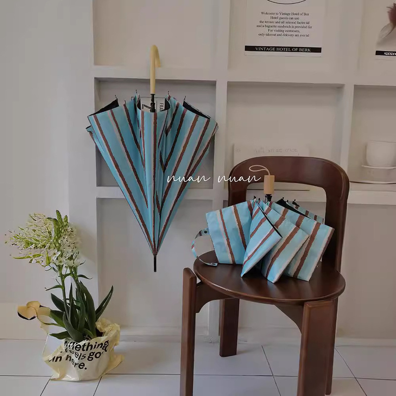 Long Handle Umbrella Vintage Striped Umbrella Women's Sunny and Rainy Dual-use Small Portable Automatic Sunscreen UV Sunshade Sun Umbrella
