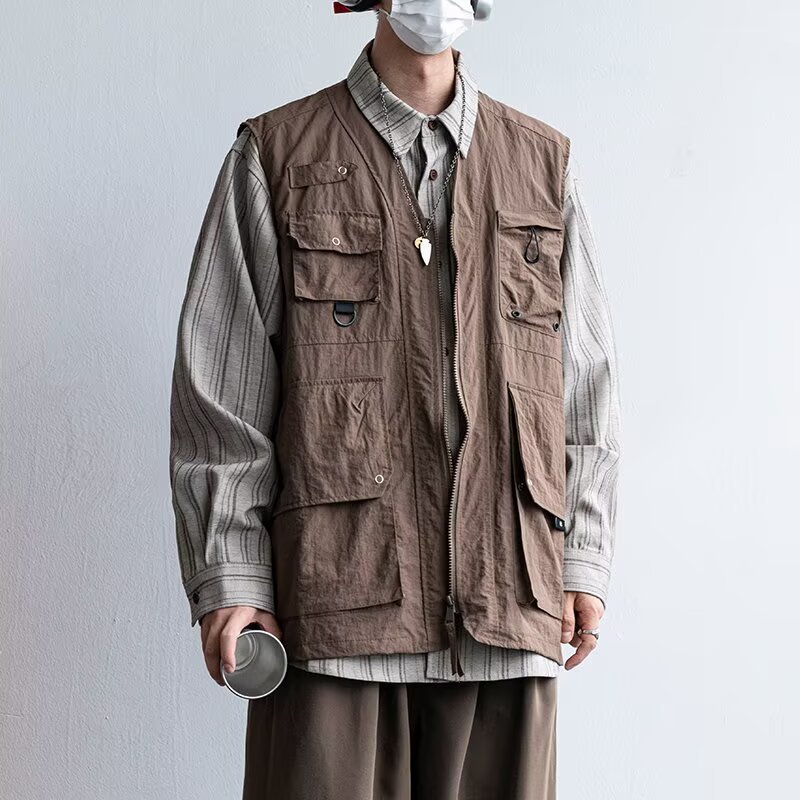Japón retro multi-bolsillo plegable máquina de herramientas de vestir chaleco de primavera y otoño para hombres y mujeres chaleco relajado sin mangas