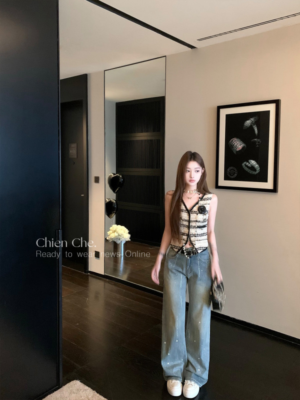 车迟恩Chien碎落星河 重工烫钻直筒长裤感复古水洗蓝牛仔裤女|undefined