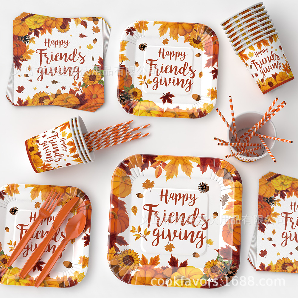 Día de Acción de Gracias calabaza hoja de arce tema de fiesta set cubiertos bandeja cuadrada desechable taza de papel toallas de papel suministros decorativos