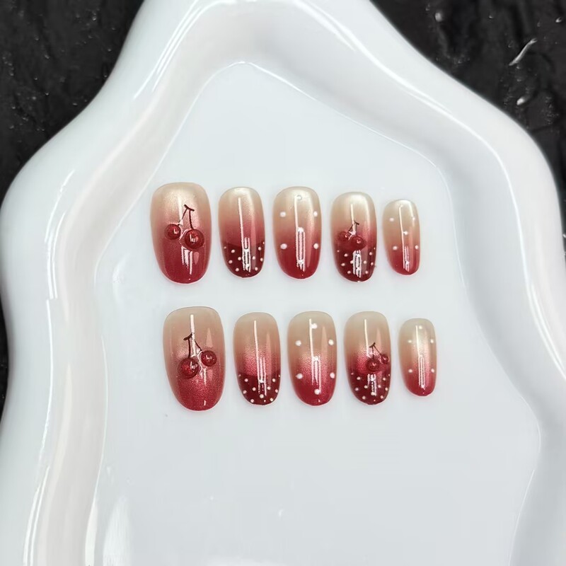 Red French polka dot cherry new wearable nail collection, nail art stickers, detachable fake nails, wearable nail pieces Red French polka dot cherry new wearable nail collection, nail art stickers, detachable fake nails, wearable nail pieces