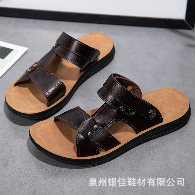 Dép sandal nam quai ngang da PU chống trơn trượt, thoáng khí đi biển mùa hè — Nâu vàng, Nâu Đen