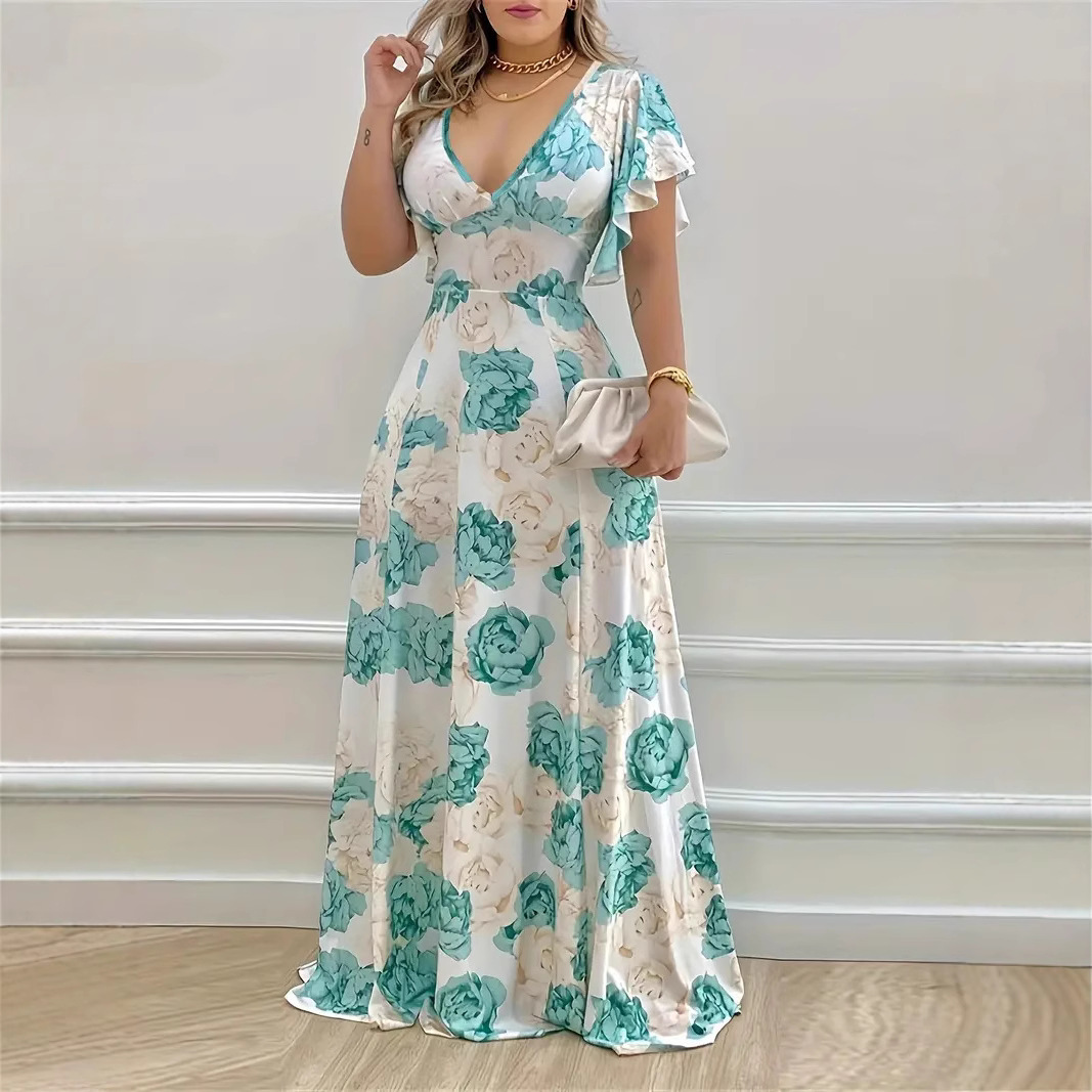 Summer Elegant Plus Size High-Quality Printed Long Dress V Neck Flowing Skirt Women's Clothing_ecoleips.com