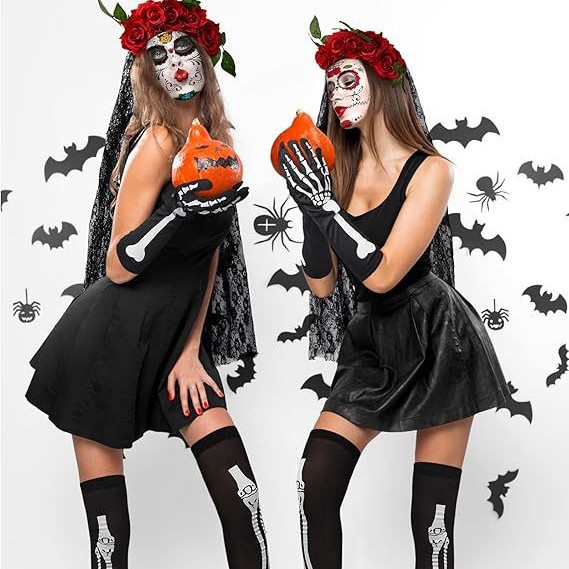 Halloween Day Of The Dead Headband Thigh High Socks Skeleton Gloves_voghion.com