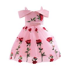 2024 Women's Foreign Trade Kids' Dress: European & American-Style Children's Clothing – Off-Shoulder Princess Dress with Rose Embroidery and Delicate Mesh Skirt