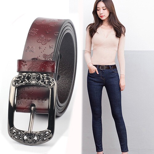 Factory direct supply of women's leather belts, retro versatile embossed butterfly leather belts, wide leather belts for women