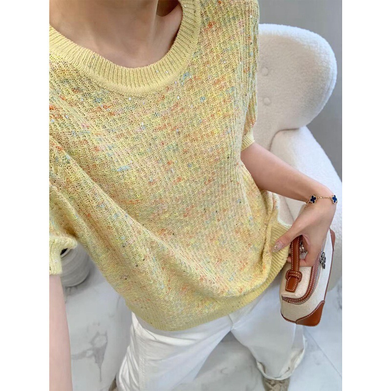 Elegant and Sophisticated Colorful Sequin Short-Sleeve Knit Top for Women, 2026 New Round-Neck Slim-Fit T-Shirt, Summer Thin Style Elegant and Sophisticated Colorful Sequin Short-Sleeve Knit Top for Women, 2026 New Round-Neck Slim-Fit T-Shirt, Summer Thin Style