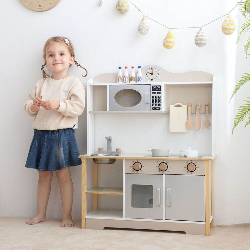 Nordic Style Pretend Play Wooden Kitchen Stove Boys and Girls Tableware Cooking Kitchen Toy Set