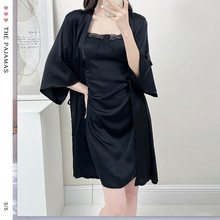 黑色性感睡衣吊带裙睡袍两件套 透气缎面雪纺女式家居服睡衣套装