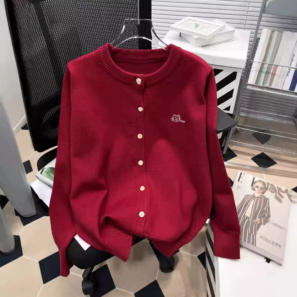 Осень и зима новая женская свободная вышивка сплошной кардиган с круглым вырезом