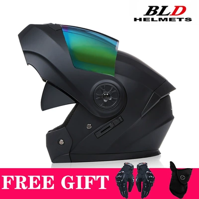 Motosiklet kaskı (dəbilqə) – Electric Vehicle Helmets, Dual-Lens Flip-Up - matt-black-color-lenses-comes-with-mask-gloves-s55-56