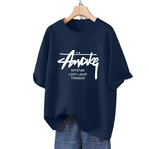 100% Cotton Letter Print Short Sleeve T-Shirt for Women - 2025 New Arrival Loose Fit Large Size Slimming Tunic Top