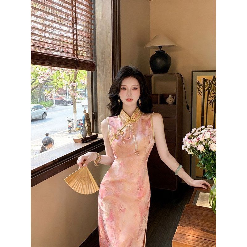 【Subtle Fragrance】2026 Summer Sleeveless Dress with Pink and Gold Gradient, New Chinese Style Jacquard, Elegant and Skin-Flattering Cheongsam Dress