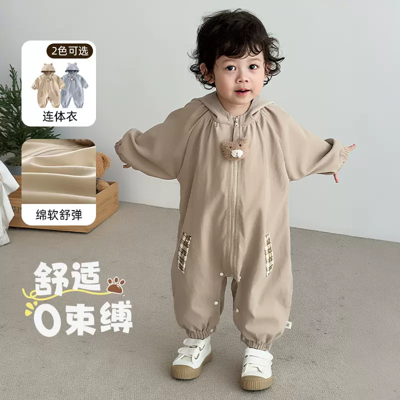婴儿时尚连体衣2025新款秋季新生儿衣服宝宝洋气韩版格子连帽爬服