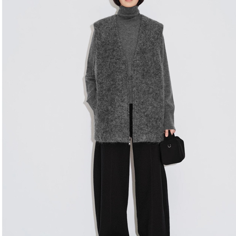 Spot Peruvian Imported Alpaca Brushed Simple Silhouette Versatile V Neck Cardigan Vest Jacket New Autumn and Winter