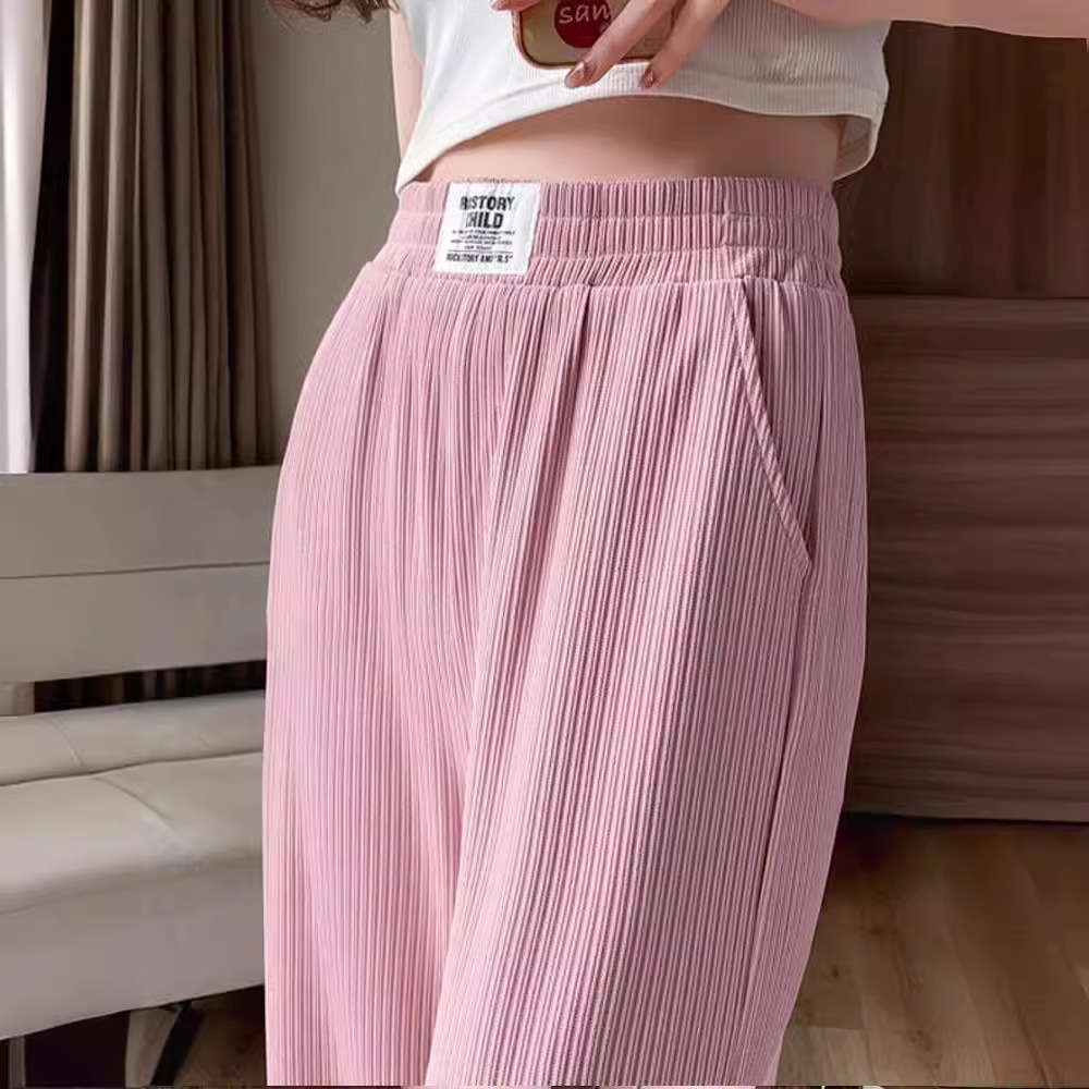 아이스 실크 좁은 넓은 다리 바지 여성용 여름 얇은 2024 새로운 높은 허리 투약 봄과 가을을위한 니트 캐주얼 스트레이트 바지