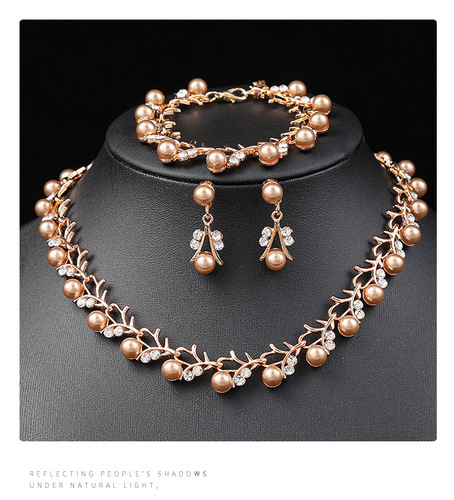 Korean style pearl necklace and earrings set bridal dress versatile accessories fashionable small fresh alloy electroplating three-piece set