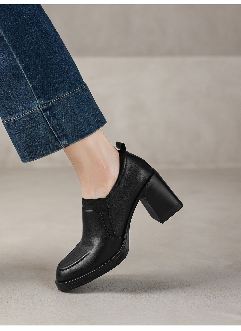 Giày cao gót nữ loafer cổ điển mũi sâu gót vuông 7.5 cm da bò thật — màu nâu chi tiết 14