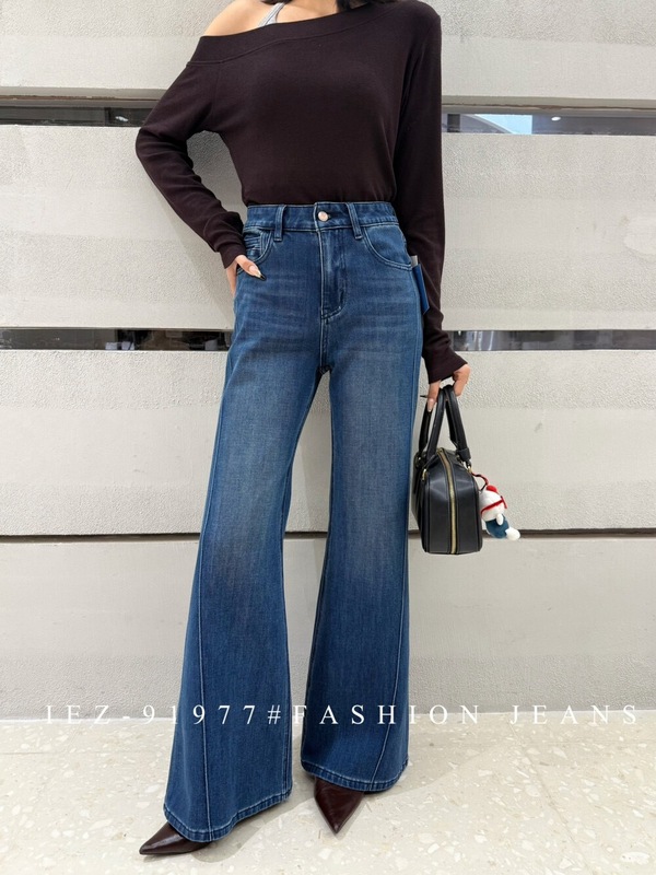 2025年秋新款IEZ91977牛仔裤女欧货高腰四面弹鱼骨边不贴腿喇叭裤|undefined