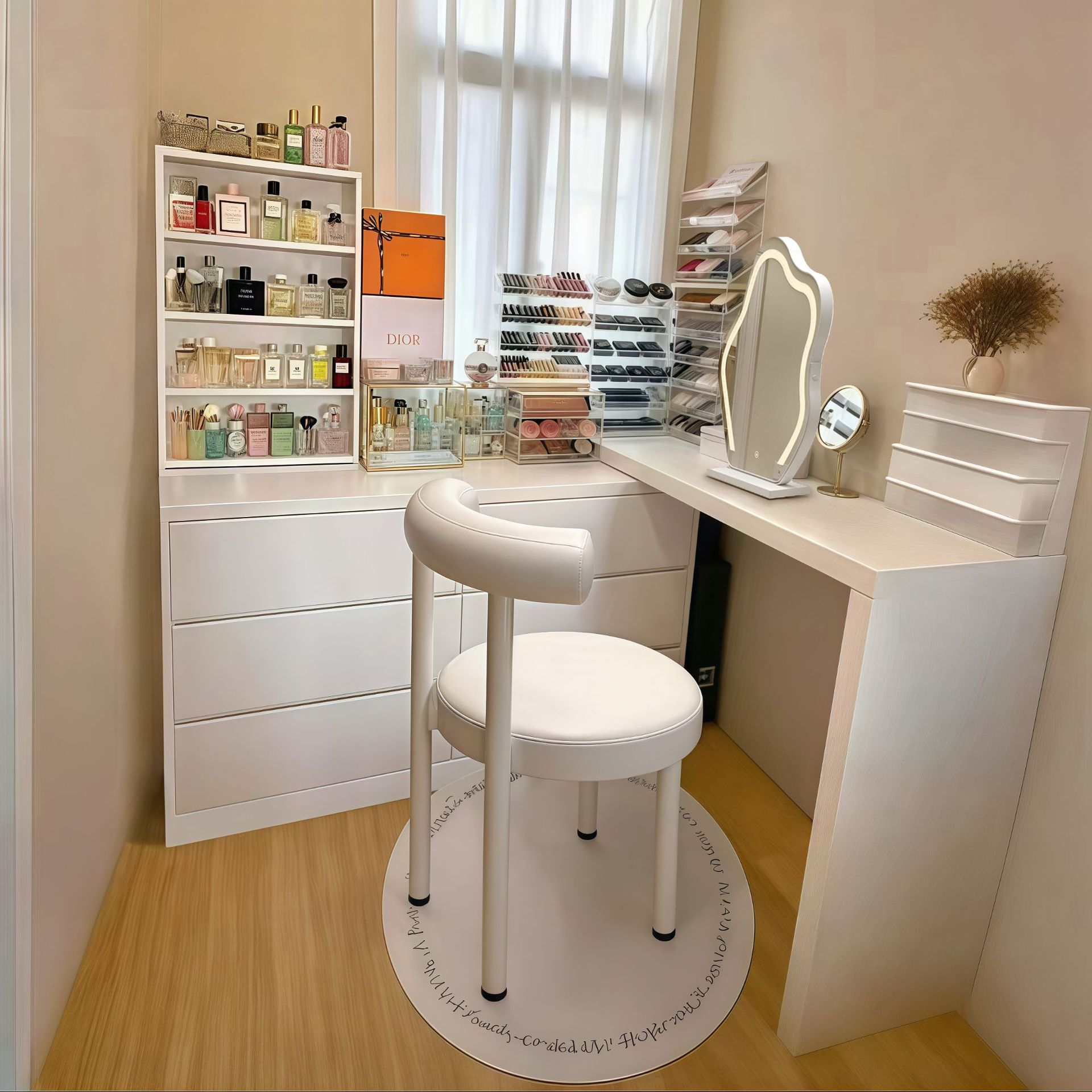 Escritorio de esquina, dormitorio, tocador semicerrado, luz integrada, lujo moderno, escritorio de oficina en forma de L de alta gama, banco de trabajo