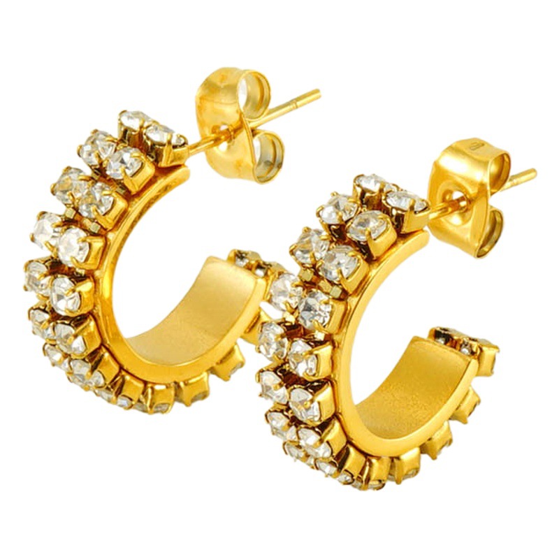 Pendientes de diamantes en forma de C únicos de temperamento transfronterizo estilo europeo y americano femenino 18K pendientes de acero inoxidable pendientes de diamantes coloridos al por mayor